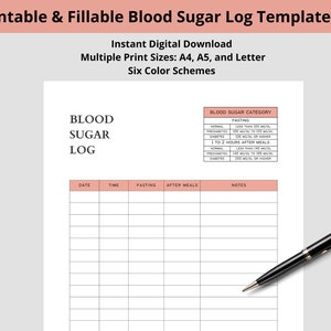 Daily Blood Sugar Log - Printable & PDF Fillable/Use as Diabetes Tracker, Insulin Tracker, Diabetes Planner, Glucose Log