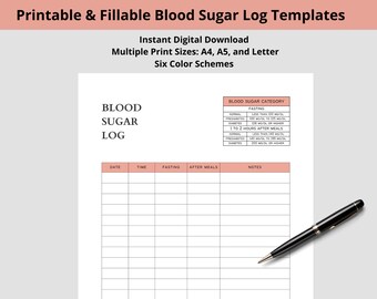Daily Blood Sugar Log - Printable & PDF Fillable/Use as Diabetes Tracker, Insulin Tracker, Diabetes Planner, Glucose Log