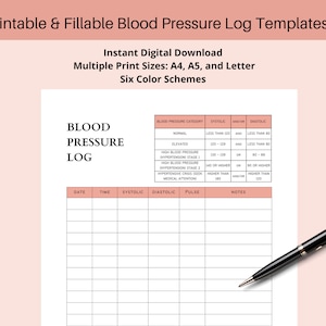 Daily Blood Pressure Tracker - Printable & PDF Fillable/Blood Pressure Log Template in Multiple Colors and Sizes