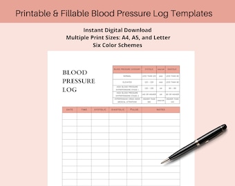 Daily Blood Pressure Tracker - Printable & PDF Fillable/Blood Pressure Log Template in Multiple Colors and Sizes