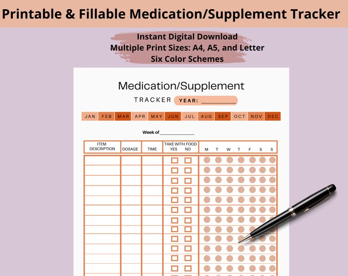 Medication Tracker Printable and PDF Fillable/use as Weekly and Daily ...