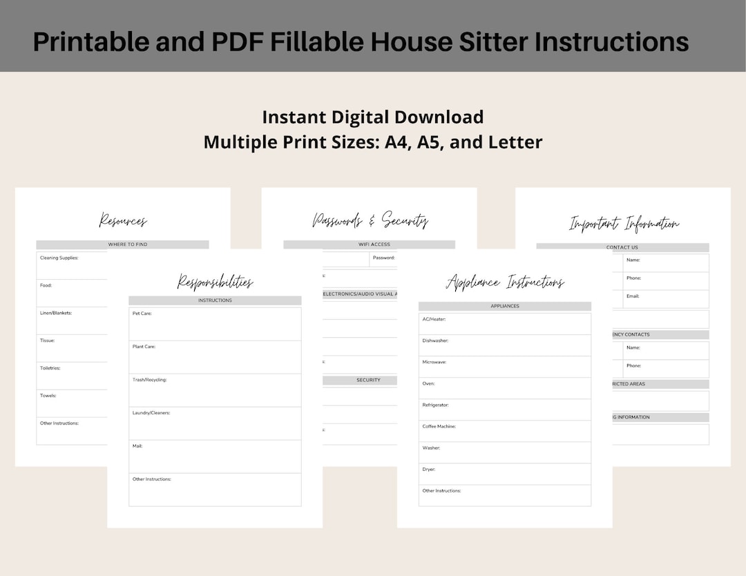 Pet and Housesitting Forms printable and PDF Fillable/great as House