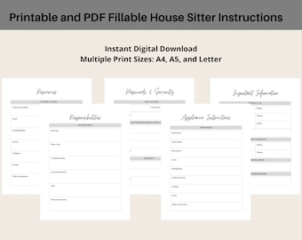 Pet and House-Sitting Forms (Printable and PDF Fillable)/Great as House Sitting Instructions, Pet Sitting Planner, House Handbook