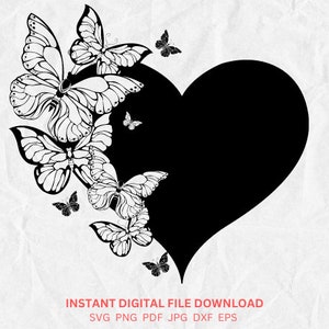 May include: Black and white silhouette of a heart with butterflies surrounding it. The butterflies are detailed and intricate.