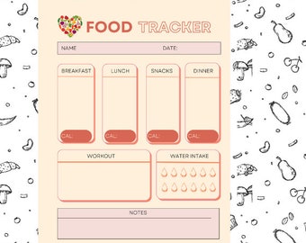 Food Tracker-Digital Planner -  Food log-Calorie Tracker-Meal Tracker-Food Diary-Meal Journal-Food Planner-Water Intake Tracker-Exercise log