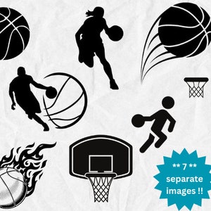 Puede incluir: Un conjunto de siete ilustraciones en blanco y negro con temática de baloncesto. Las ilustraciones incluyen un jugador de baloncesto driblando, un jugador de baloncesto tirando, una canasta de baloncesto, un balón de baloncesto con llamas y tres balones de baloncesto diferentes.