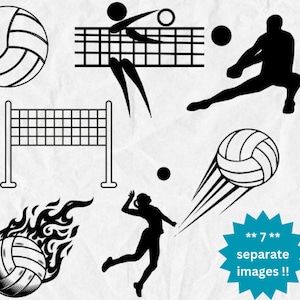 May include: A set of seven black and white volleyball clip art images. The images include a volleyball, a volleyball net, a volleyball player spiking the ball, a volleyball player serving the ball, and a volleyball player setting the ball. The images are ideal for creating digital designs, crafts, and more.