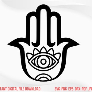 May include: A black and white illustration of the Hamsa hand, a symbol of protection and good luck, with an eye in the center.