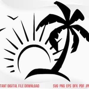 Puede incluir: Silueta en blanco y negro de una palmera con un sol y dos pájaros volando por encima. El sol tiene rayos que salen de él.