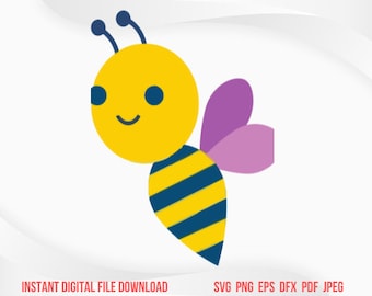 May include: A cartoon illustration of a smiling bee. The bee has a yellow head and body with blue and yellow stripes. It has purple wings and two black antennae. The text "INSTANT DIGITAL FILE DOWNLOAD" is at the bottom.