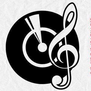 May include: Black and white silhouette of a vinyl record with a treble clef on the right side.
