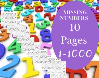 Printable Number Charts Missing Numbers 1-1000 10 pages -Math Worksheets/Practice Sheets/Charts/Mat Pre-K Kindergarten 1st Grade 2nd Grade