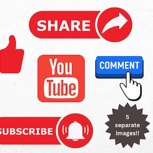 May include: A digital graphic set featuring a red thumbs-up icon, a red share button with an arrow, a red YouTube logo, a blue comment button with a hand cursor, and a red subscribe button with a bell icon, plus text stating 5 separate images.