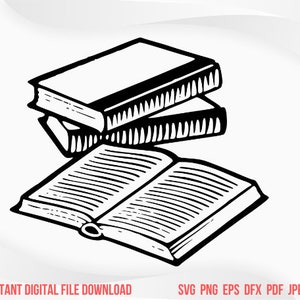 May include: Black and white line drawing of a stack of three books, with the top book closed and the bottom book open. The open book is lying flat with the pages spread out.