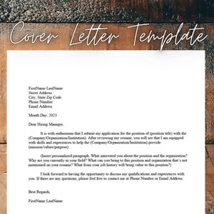 May include: A cover letter template with a sample cover letter text. The template includes sections for the applicant's name, address, phone number, email address, and date. The sample letter includes a salutation, an introduction, a paragraph about the applicant's qualifications, a closing paragraph, and a closing salutation.
