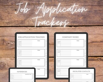 May include: Four printable digital planner pages for job applications. The pages are titled "Job Application Tracker", "Company Index", "References", and "Recruiter Contacts". Each page has a column for notes and an alphabetical index.