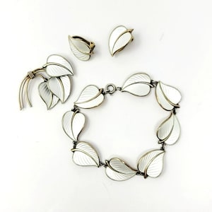 Vintage Set Hans Myhre Norway 925 S Sterling White Leaf Guilloche Enamel Bracelet, Brooch, Earrings
