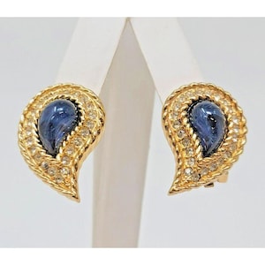 Christian Dior Gripoix Earrings Gold Tone Blue Clear Rhinestones Clip On Vtg