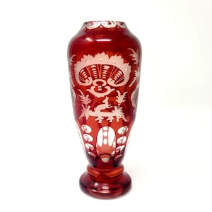 Bohemian Ruby Red Vase Cut to Clear Egermann Deer Castle Gazebo Rabbit Bird Vintage