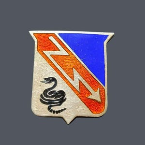 Pode incluir: Insígnia militar prateada em forma de escudo. A parte superior é azul e a inferior direita é laranja com um raio branco. Uma cobra preta está enrolada na parte inferior esquerda.