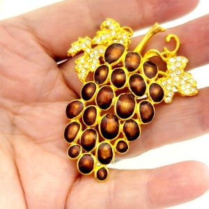 May include: A gold-tone brooch in the shape of a bunch of grapes. The grapes are brown with a shiny finish and are surrounded by clear rhinestones.