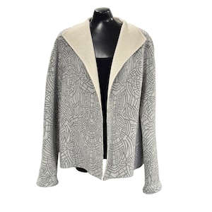Vintage Linda Allard Ellen Tracy Wool Open Front Grey and Cream Sweater Jacket Size 16 Ca: 2000s