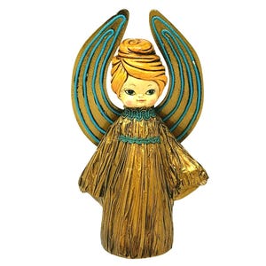 Vintage Gold & Turquoise Angel Retro Christmas Tree Topper Ornament  Ca: 1970