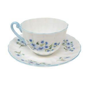 Vintage English Shelley Blue Rock Teacup and Saucer with Pale Blue Trim & Flowers CA: 1960s