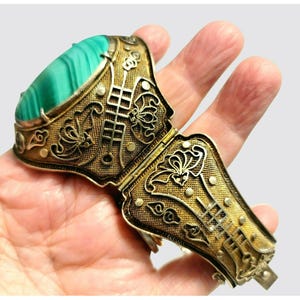 Vintage Chinese Export Wide Bracelet Filigree Gilt Silver & Malachite