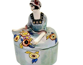 ○Deco Lady・パフボックス○１９２１年・米国輸出○直径１０cm○古則武○ Vintage Noritake Lusterware Candle Holder: Blue Floral