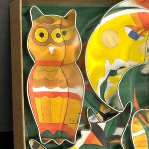 K&ouml;nnte beinhalten: Ein Set bunter, eulenformiger Ausstecher mit einem Aquarelldesign. Die Eule hat gelbe Augen, einen wei&szlig;en Schnabel und orangefarbene und gelbe Federn. Die Ausstecher befinden sich in einer Pappschachtel mit gr&uuml;nem Hintergrund.