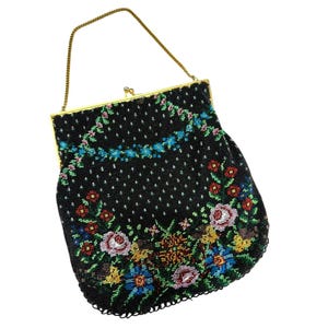 Antique 1920s Edwardian Glass Beaded Purse Handbag Evening Bag Floral