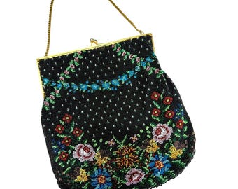 Antique 1920s Edwardian Glass Beaded Purse Handbag Evening Bag Floral