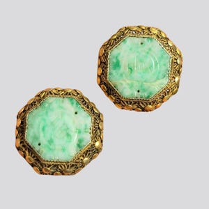 Vintage Chinese Filigree Gilt Silver & Jade Earrings Octagonal Clip-on Ca: 1940s