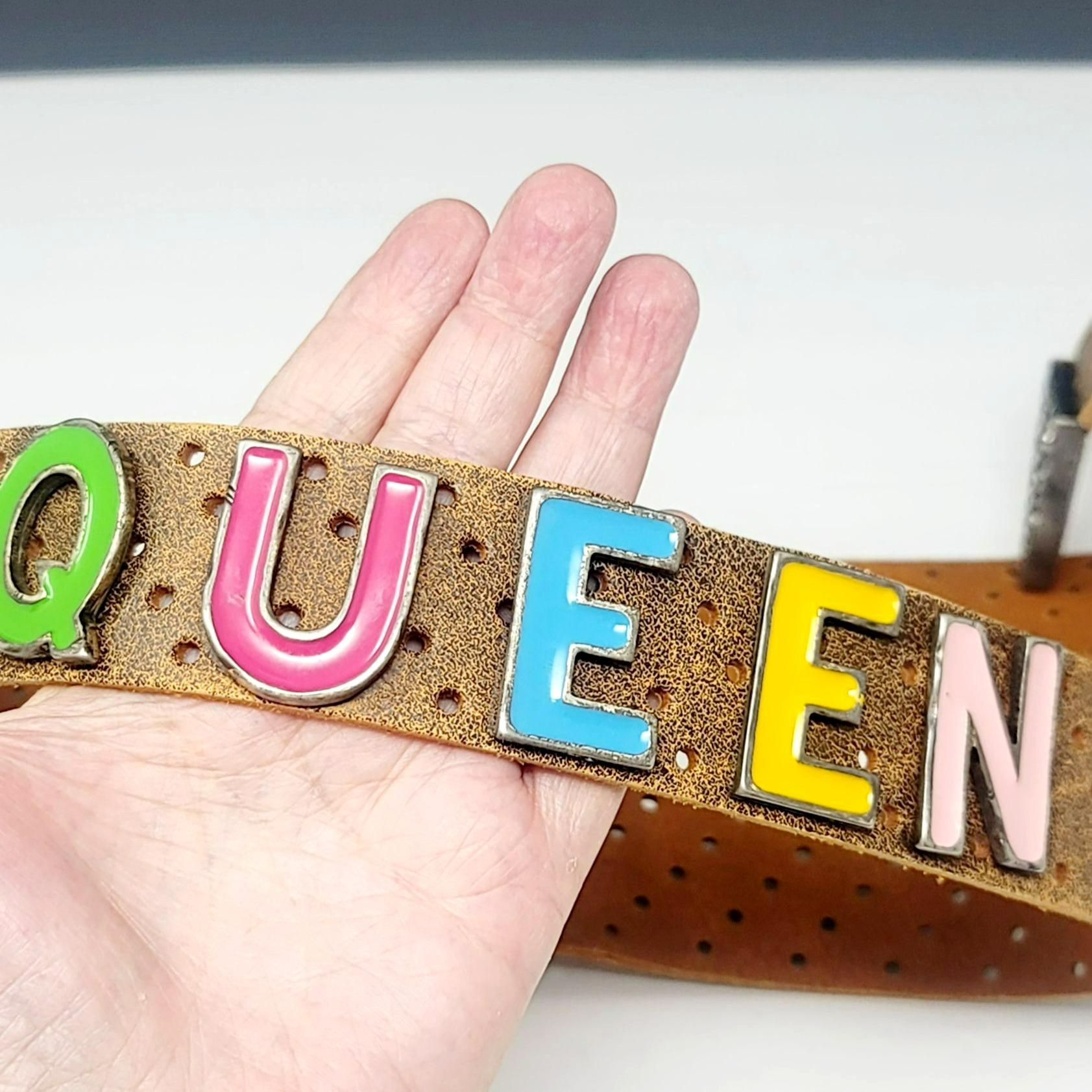 Save the Queen size small leather belt Vintage Save the Queen Leather Belt Enamel Metal Letters  main image 4