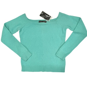 NOS Vintage Ralph Lauren Black Label Collection Cashmere Teal & Gold Metallic Fiber Knit Boatneck Sweater Top