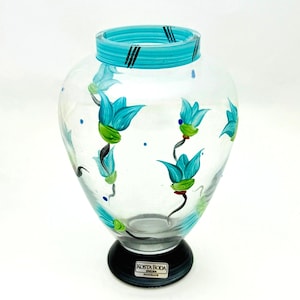 Vintage Kosta Boda Sweden Handmade Art Glass Vase Signed Ulrika Hydman Vallien Artist Collection Collectible Turquoise Flowers