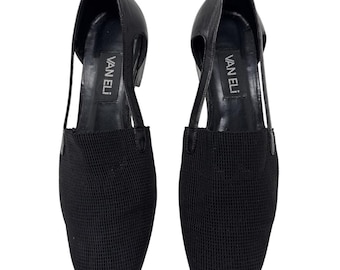 Y2k 90s Vintage Slingback Black Woven Sandals Size 8 Leather Sole Low Block Heel