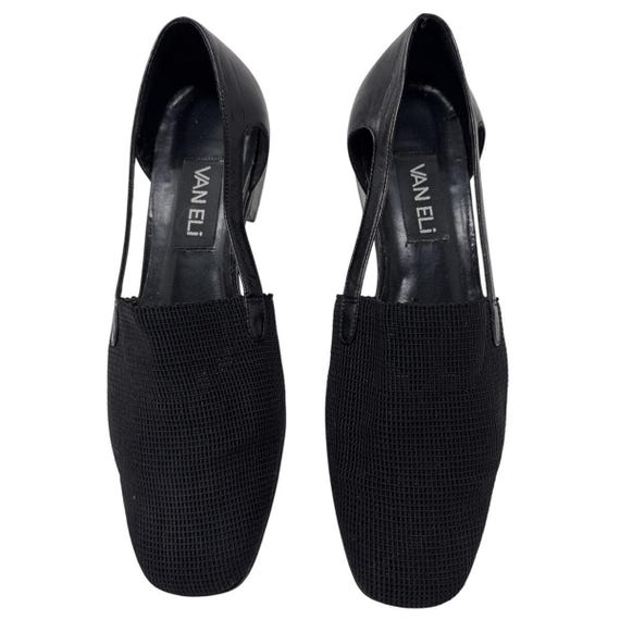 Y2k 90s Vintage Slingback Black Woven Sandals Size 8 Leather Sole Low Block Heel