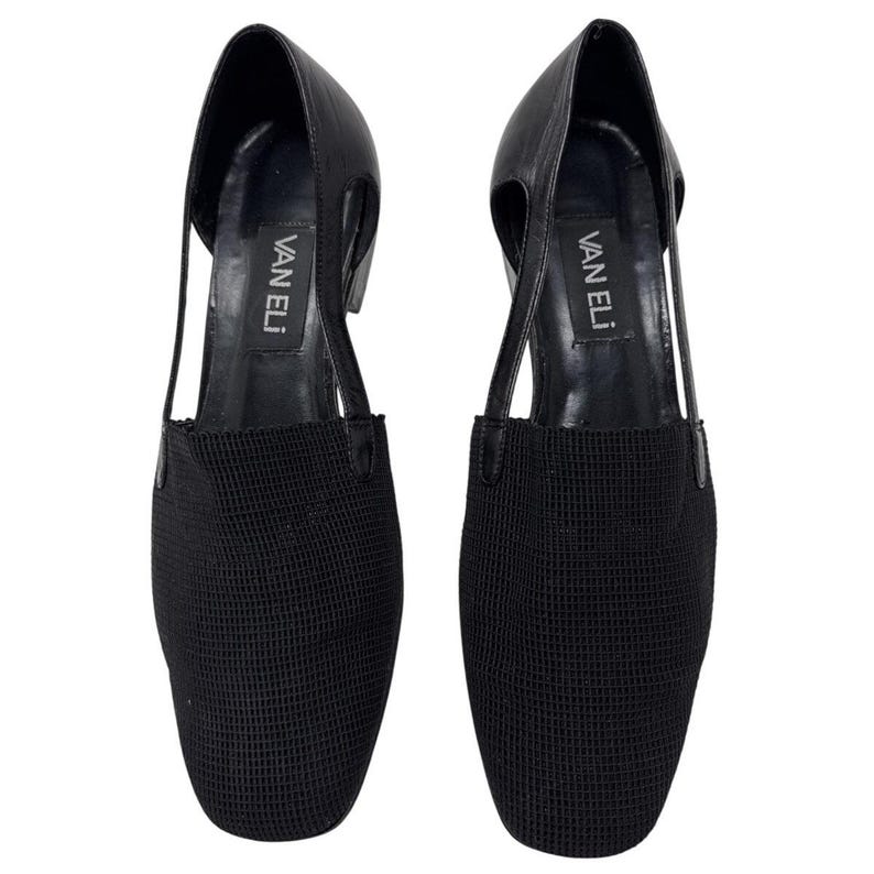 May include: A pair of black leather and mesh heeled shoes with cut-out details and the brand name "VAN ELI" printed on the inside of each shoe.