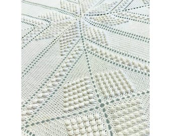 Vintage Hand Crocheted Coverlet Bedspread Popcorn Stitch with Geometric Squares