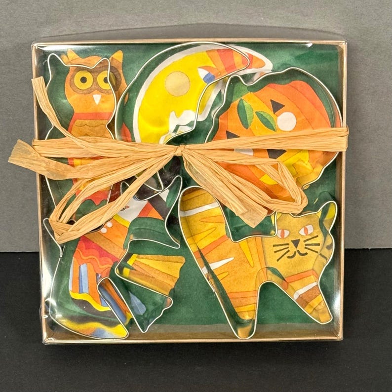 K&ouml;nnte beinhalten: Ein Set von Halloween-Untersetzern in einer transparenten Box, gebunden mit Bast. Die Untersetzer zeigen eine Eule, einen Halbmond, einen K&uuml;rbis und eine Katze. Die Untersetzer sind orange, gelb und gr&uuml;n mit schwarzen Umrissen.