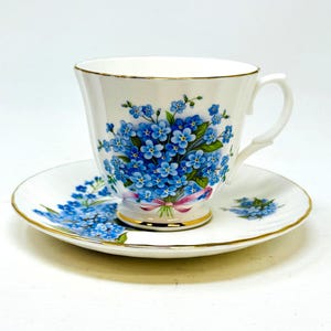 Vtg Mayfair Staffordshire England Tea Cup & Saucer Forget-Me-Not w Pink Ribbon