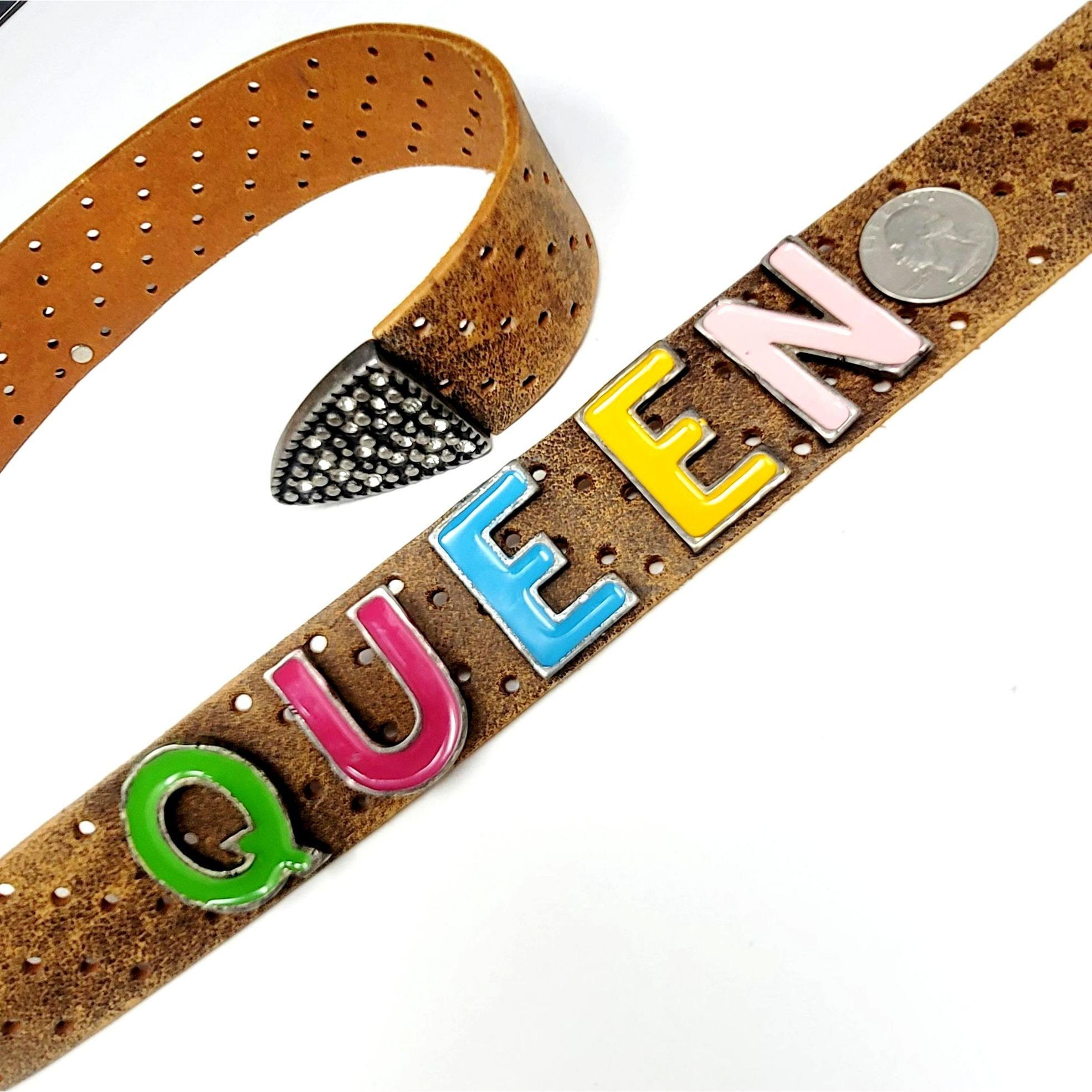 Vintage Save the Queen Leather Belt Enamel Metal Letters  display picture 2