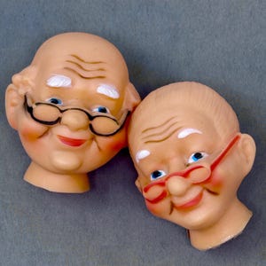 3 inch Pair of Old Grandma and Grandma Vintage Doll Heads wearing glasses