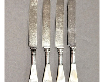 4 Antique Mother of Pearl Knives with Sterling Collars Ca: 1930s