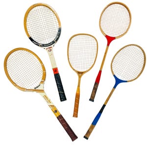 Coleção de raquetes de tênis e badminton de madeira vintage Decoração esportiva retrô Ou jogue Jimmy Connors Wilson e muito mais