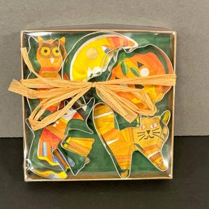 K&ouml;nnte beinhalten: Ein Set von Halloween-Dekorationen in einer transparenten Box, gebunden mit Bast. Das Set enth&auml;lt eine Eule, einen Mond, einen K&uuml;rbis, eine Hexe und eine Katze, alle in Orange, Gelb und Gr&uuml;n. Der Hintergrund ist gr&uuml;n.