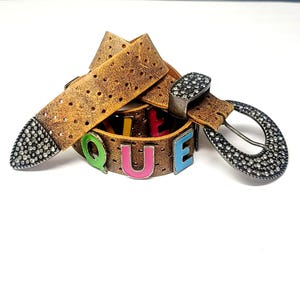 Save The Queen For Cuba Leather Belt Red Yellow Zigzag Stitch Enamel Buckle BENE B Leather Belt in Red Croc – BENE Handbags main image 3