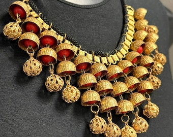 Vtg Etruscan Revival Bib Necklace Gold Tone with Red Beads Goldette Style